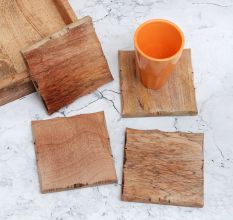 Antique Brown Finish Wooden Coasters - Pack of 4